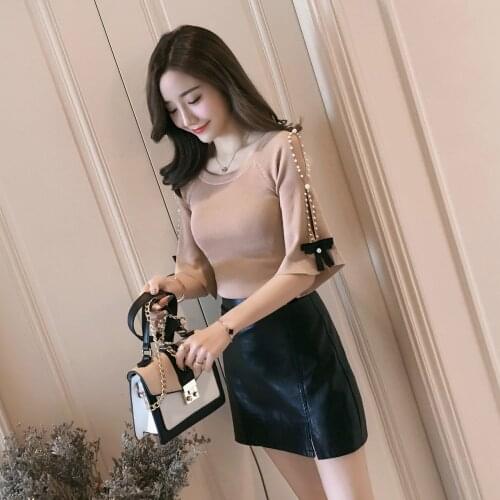 Woman Sweaters Pullover T-shirt Scoop Knitwear Womens Bow Beaded Top Bell Sleeve Half Sleeve Femme Chandails