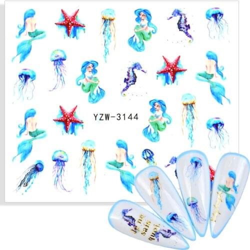 1pc Summer Water Transfer Nail Art Stickers Ocean Animal Cartoon Mermaid Sliders Blue Starfish Hippocampus Jellyfish Decor Decal