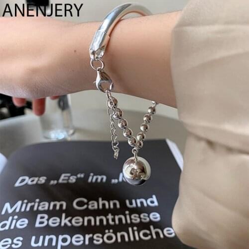 ANENJERY 925 Sterling Silver Ball Pendant Bracelet Beads Chain Bangle Bracelet Simplicity Women Hand Accessories