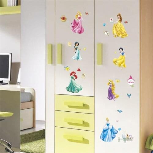 Ariel Snow White Belle Rapunzel Jasmine Cartoon Princess Wall Stickers For Kids Room Home Decoration Anime Movie Wall Art Decals
