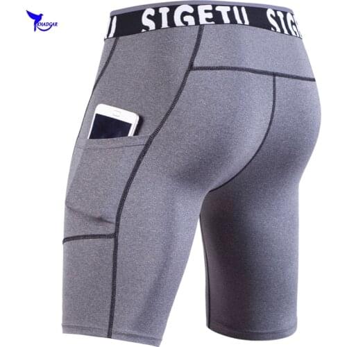 Quick Dry Elastic Mens Running Shorts with Pockets Sports Man Gym Fitness Training Compression Short Pants Jogging Trunks Tights