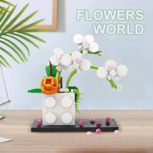 Colorful MOC Phalaenopsis Vase Flowers Bouquets Plants Building Blocks Potted Blossom Ornaments Decoration Model Brick Kid Toys