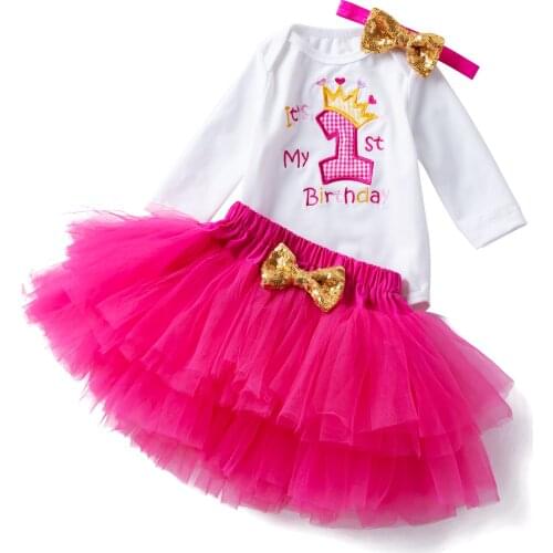 Embroidery-1st Birthday Infant Toddler Baby Girl Dress Long Sleeve Romper & Tutu Skirt Suit 3PCs Kids Clothes-Sweet Lolita Party