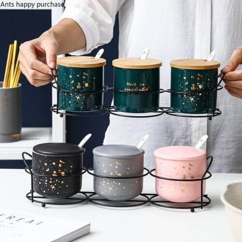Ceramics Spice Jar Set Combination Home Use Kitchen Three-piece Spice Box with Metal Frame Salt Shaker Sugar Bowl Condiment Jar