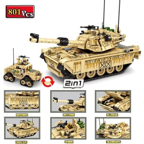 WW2 Military Series World War II 2-in-1 M1A2 Main Battle Tank Tracked Armored VehicleDIY Model Building Blocks Bricks Toys Gifts