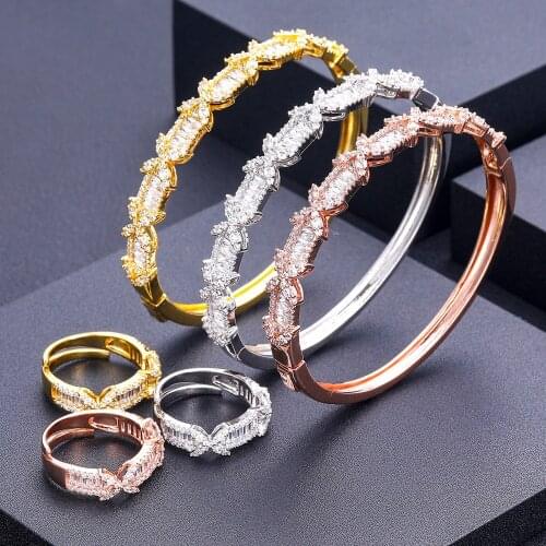 Janekelly luxury Unique African Bangle Ring Set Jewelry Sets For Women Wedding Cubic Zircon Crystal CZ Dubai Bridal Jewelry Set