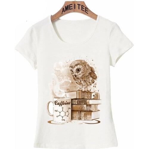New Funny Fashion Womens Short Sleeve Coffee Obsession Owl Vintage T-Shirt Coffee Knowledge Lovers Tops Hip Hop Style Girl Tees