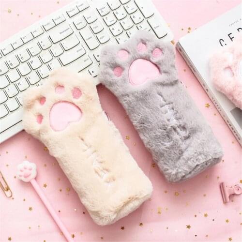 Cat Paw Pencil Bag Soft Plush Cosmetics Pouch Large Capacity Pencil Case Pen Holder Stationery Organizer Stationery