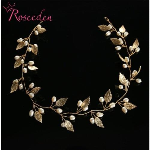 Fresh Water Pearl Bridal Headband Gold Leaf Handmade Wedding Headpiece Hair Vine RE3832