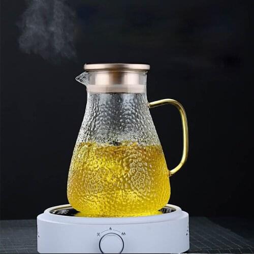 Transparent Glass Water Jug Hot Cold Water Stainless Steel Flow Lid Water Carafe with Handle Heat-proof Teapot Cup Set