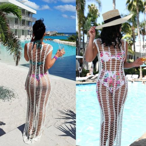 Sexy Mesh Bikini Cover Ups Women White Lace Crochet Beach Long Dress Bathing Suit Cover-ups Swimwear Swimsuits