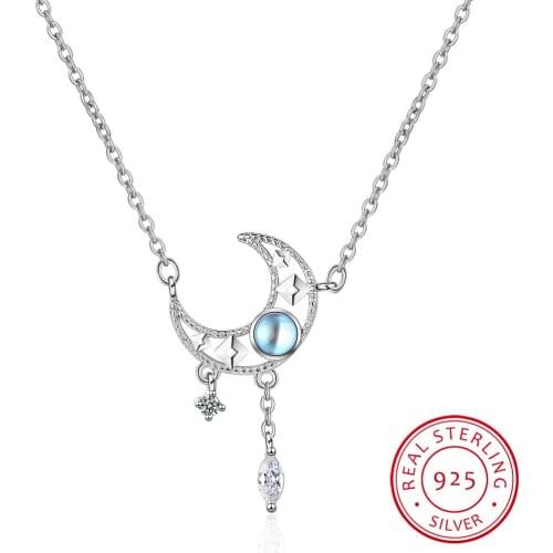Sweet 925 Sterling Silver Moonstone Star Moon Tassel Necklaces For Women choker collares Colar de Prata Wedding Jewelry