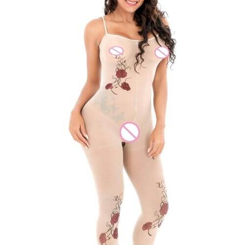 Teddy Babydoll Sexy Sheer Rose Flesh Colored Bodysuit Stocking Catsuit Lingerie Open Crotch Unitard Jumpsuit Porn Nighties Latex