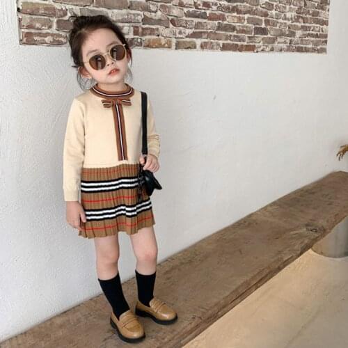Spring England Style striped knitted dress girl clothes autumn kids clothes bow luxury dress 2-7 years old little girls costume