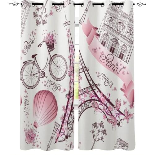 Paris Eiffel Tower Bicycle Flowers Blackout Curtains for Living Room Modern Shading Window Drapes for Kids Bedroom Kitchen