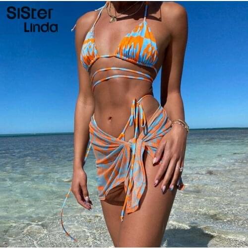 Sisterlinda Sexy Beach Vacation Bikini 3 Piece Sets Women V Neck Low Chest Backless Bandage Camisole+Briefs+Skirt Swimming Suits