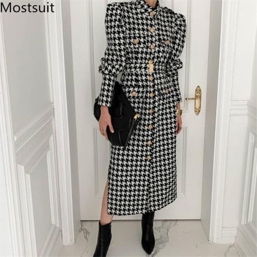 Winter Houndstooth Wool Women Long Coat 2020 Winter Single-breasted Stand Collar Belted Vintage Korean Fashion Outcoat Overcoat