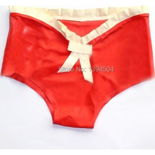 Cute hot Women handmade Latex red spliced white Lingerie waist purfle shorts Underwear bow-knot Fetish costume