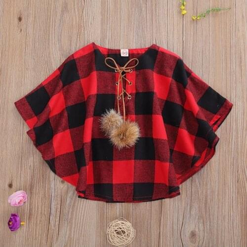 2020 Winter Fashion Infant Plaid Cloak Fur Ball Strap Decoration Adjustable Loose Version Spring Warm Cozy Soft Clothing 1-6Y