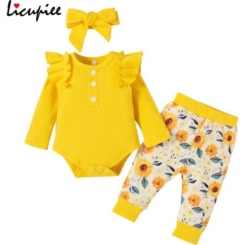 0-18 Months 3pcs Toddler Outfit, Solid Color Ruffled Long Sleeve Romper + Floral Elastic Waist Pants + Headband for Baby Girls