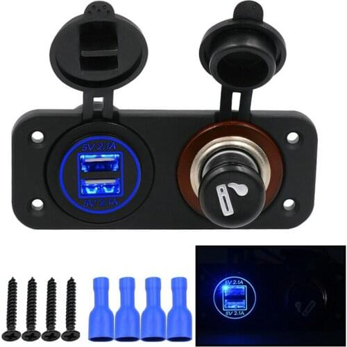 50Pcs/Lot 12-24v Dual Ports 4.2A Blue Led USB Power Port Car Charger Cigarette Lighter Socket Adapters