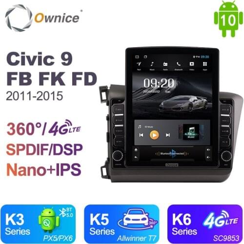 Nano Vertical Ownice Android 10.0 Car Radio 2din for Honda Civic 9 FB FK FD 2011 - 2015 Car Auto Audio Video System Unit SPDIF
