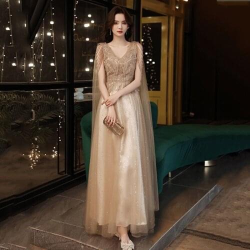 Champagne V Neck Tulle Long Evening Dresses Women Elegant Sequins Tassel Formal Party Dress A-line Prom Gown Vestido