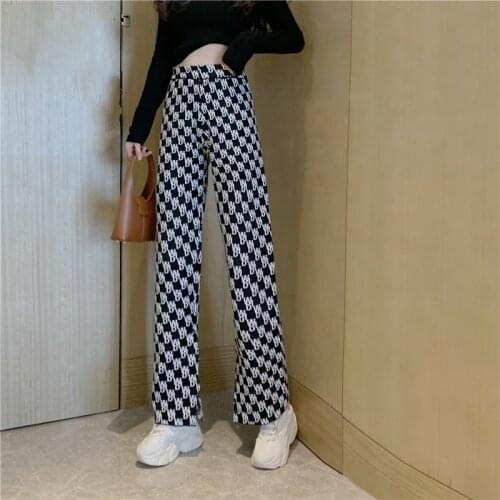 Print New Autumn Women Streetwear Pants Straight Trousers Ladies Full Length Slim Pants Female Wide Leg Pants Vintage Korean