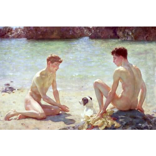 Oil painting Henry Scott Tuke - gay Nude young boys with pet dog by the ocean