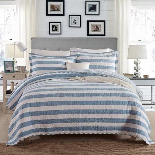 CHAUSUB Blue Stripe Quilt Set 3PCS Cotton Quilted Bedspread for Bed with 2 Pillowcase Queen Size Coverlet Summer Blanekt