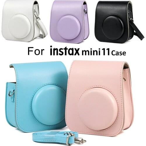 Leather Instant Camera Case For Instax Mini 11 Solid Color Anti-fall Sknocking Protective Cover Outdoor Partable Camera Bag