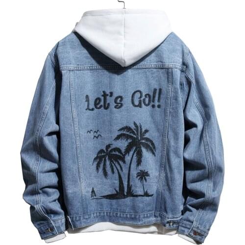 Mens Coconut Palm Printed Denim Jacket Streetwear Loose Holes Ripped Jean Coat Outerwear