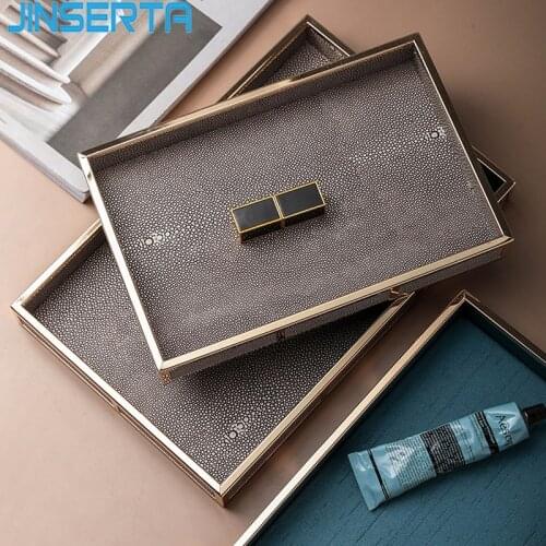 JINSERTA Metal Storage Tray PU Leather Rectangle Jewelry Display Plate Cosmetic Organizer Tea Coffee Tray Desktop Sundries Decor