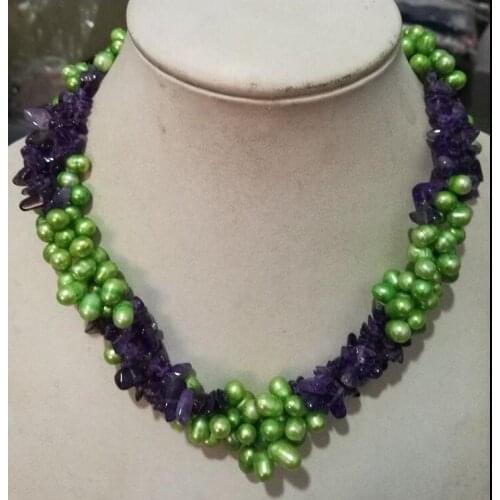 Fashion 3 row Green Freshwater Pearl Purple crystal necklace 18"