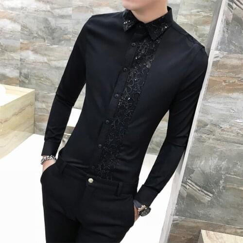 Mens Luxury Fashion Glitter Sequin slim Shirts Long Sleeve Wedding Party men Shirt Dinner prom Costume