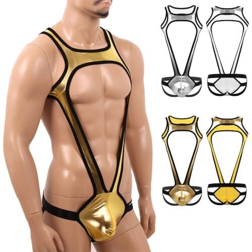 Mens Fashion Undershirts Shiny Metallic Wide Shoulder Straps Bulge Pouch Jockstrap Wrestling Singlet Mankini Bodysuit Underwear