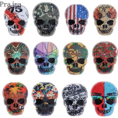Prajna Reversible Sequin Patch Punk Rock Skull Patch Sew On Embroidered Patches For Cloth Fabric Parch DIY Handmade Accessories