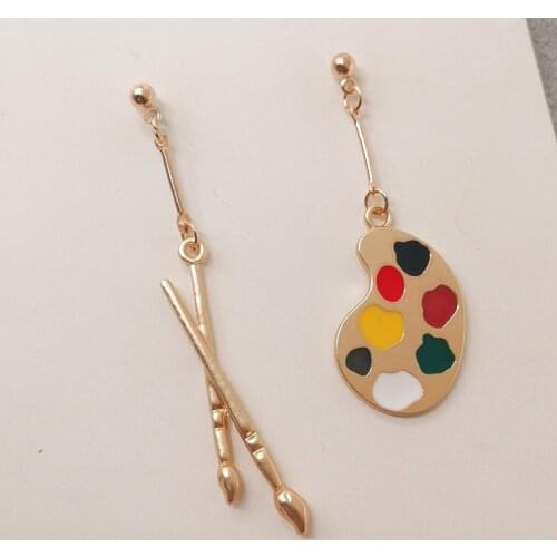 New Enamel Palette Earrings Asymmetrical Earrings Artist Brush Earrings Great Bright Artist Palette Earrings