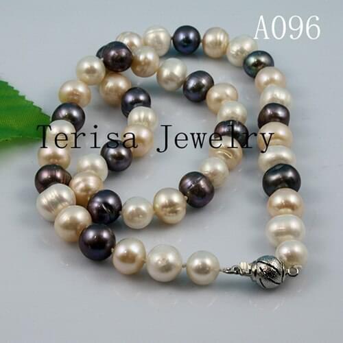 Terisa Pearljewellery Charming AA9-10MM White Pink Black Color Potato Round Genuine Freshwater Pearl Necklace 18 Inches