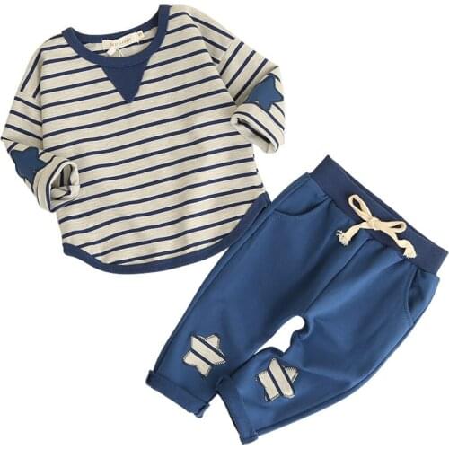Baby Boys Clothes Cotton Two-Piece Infant Round Neck Stripe Print Casual Sports Clothes Five-pointed Star Clothes Baby Boy Set