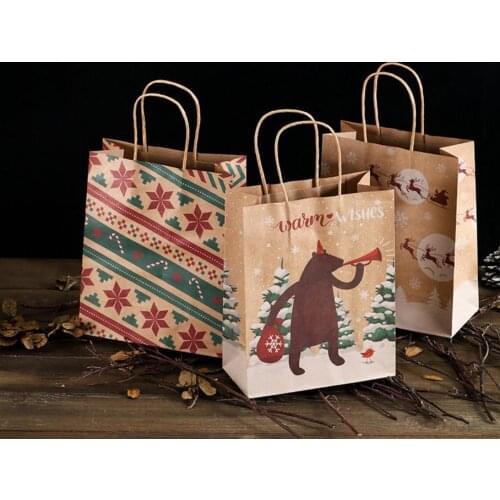 Kraft Paper Bags Small Brown Wrap Gift Bag with Handle Shopping Packaging Wrap Baby Shower Holiday Snowflake Bell Print 50pcs
