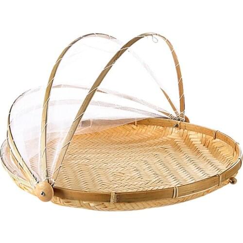 Hand-Woven Food Serving Tent Basket Tray Fruit Vegetable Bread Storage Basket Outdoor Picnic Insect-proof Basket Mesh Net Cover