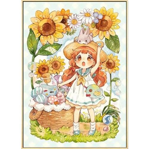 Sunflowers Girls Cartoon Embroidery Set 11CT Canvas DIY Needlework Home Decor Handmade Printed Cross Stitch Kits