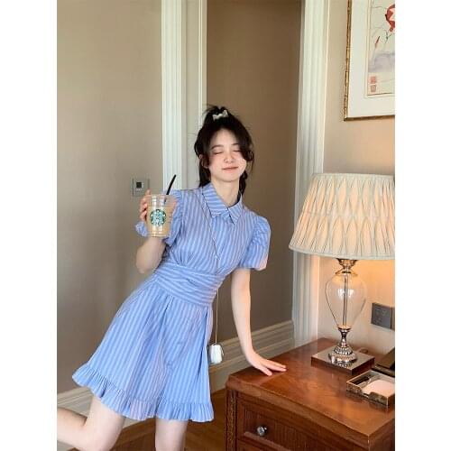 Striped puff sleeve polo dress 2021 new ruffled slim waist shirt dresses
