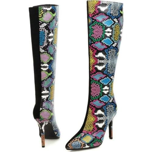Snake Printed Knee High Boots Autumn Winter Boots 2020 New Thin High Heeled Shoes Fashion Mixed Color Party Boots Woman Shoes
