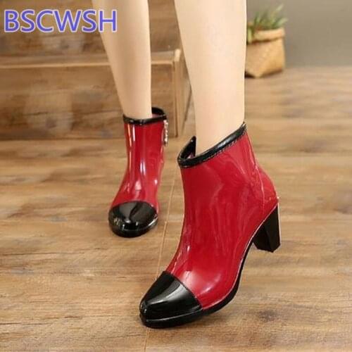Autumn Fashion Water Shoes Side Zipper Ladies Non-slip Rain Boots High Heel Short Boots Adult Waterproof Red Shoes Leopard