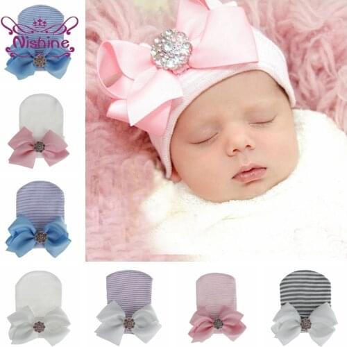 Nishine Baby Girl Glitter Rhinestone Bowknot Hats Toddler Stripe Cap Infant Knitted Beanie Bonnet Children Headwear Accessories