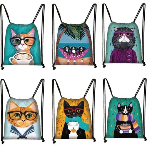 Black Cat Print Girl Drawstring Bag Travel Backpack Woman Shopping Fashion Environmental Protection Foldable Storage Bag