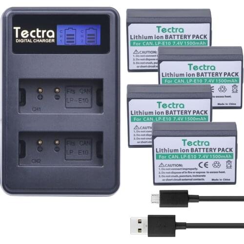 Tectra 4Pcs LP-E10 LPE10 Li-ion Bateria+ LCD USB Dual Charger for Canon EOS Rebel T3 T5 T6 Kiss X50 Kiss X70 EOS 1100D EOS 1200D
