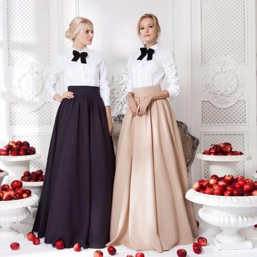 Vintage 2016 Khaki Dark Navy Blue Taffeta Long Skirts Zipper Style Pleat Wide Waistband Floor Length Maxi Skirt Custom Made